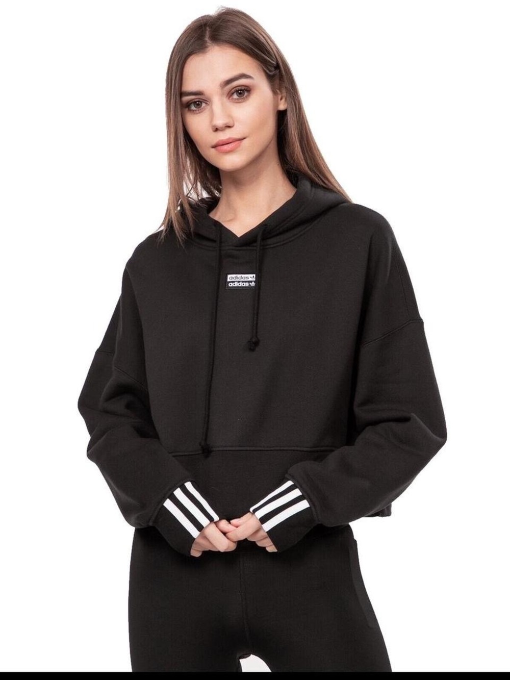 adidas Black Cropped Hoodie with White Stripe Cuffs